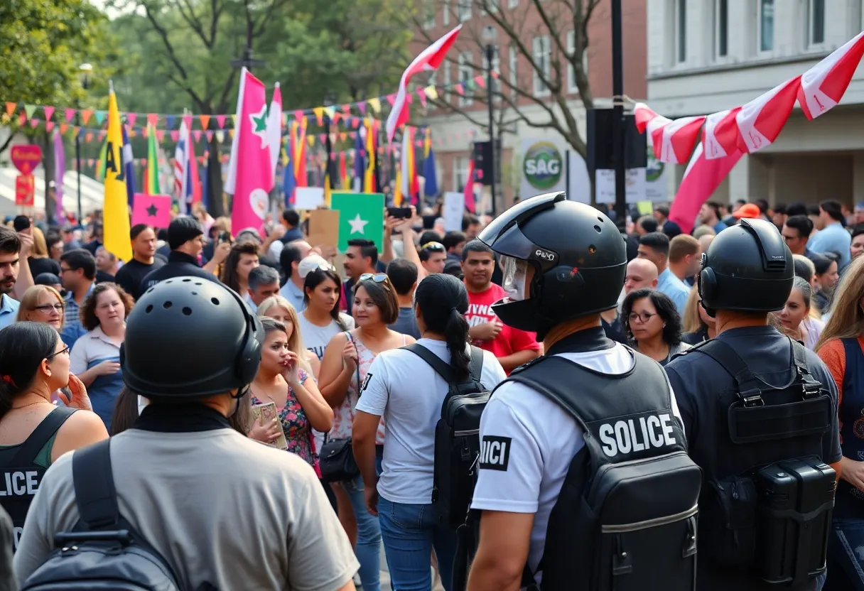 Community members gathering at a Jewish event with visible security measures in place