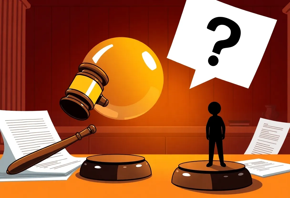 Artwork representing the themes of transparency and accountability in legal investigations with court symbols