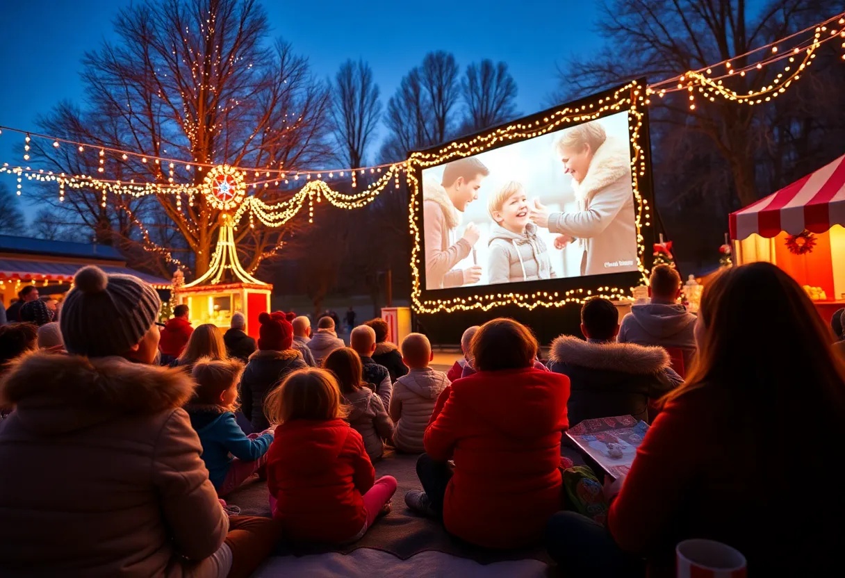 Families enjoying a holiday movie screening with festive decorations