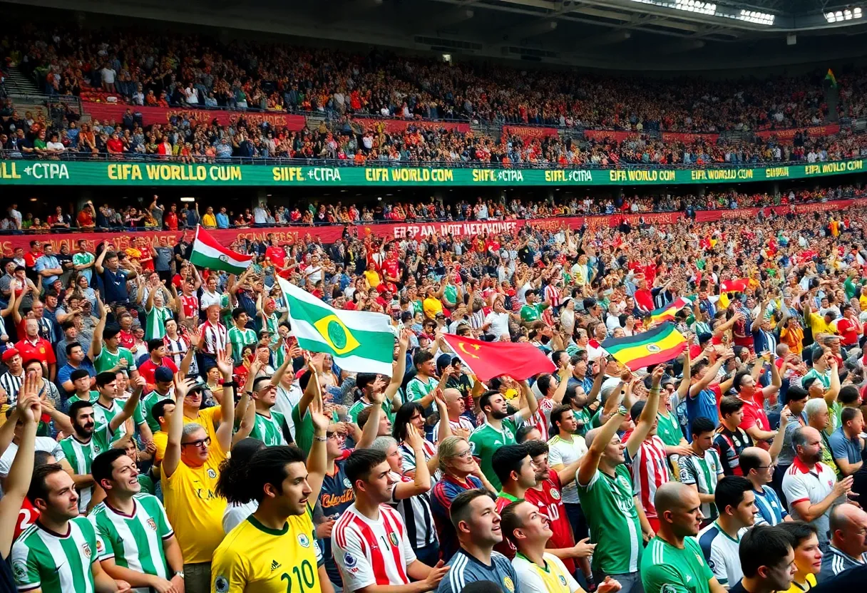 Crowd of football fans in a stadium celebrating the FIFA World Cup
