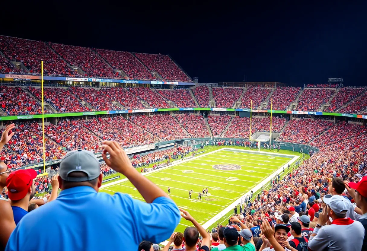 Fans cheering at the First Responder Bowl between FIU and UTSA.