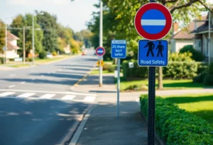 Suburban street with pedestrian crossing and signage