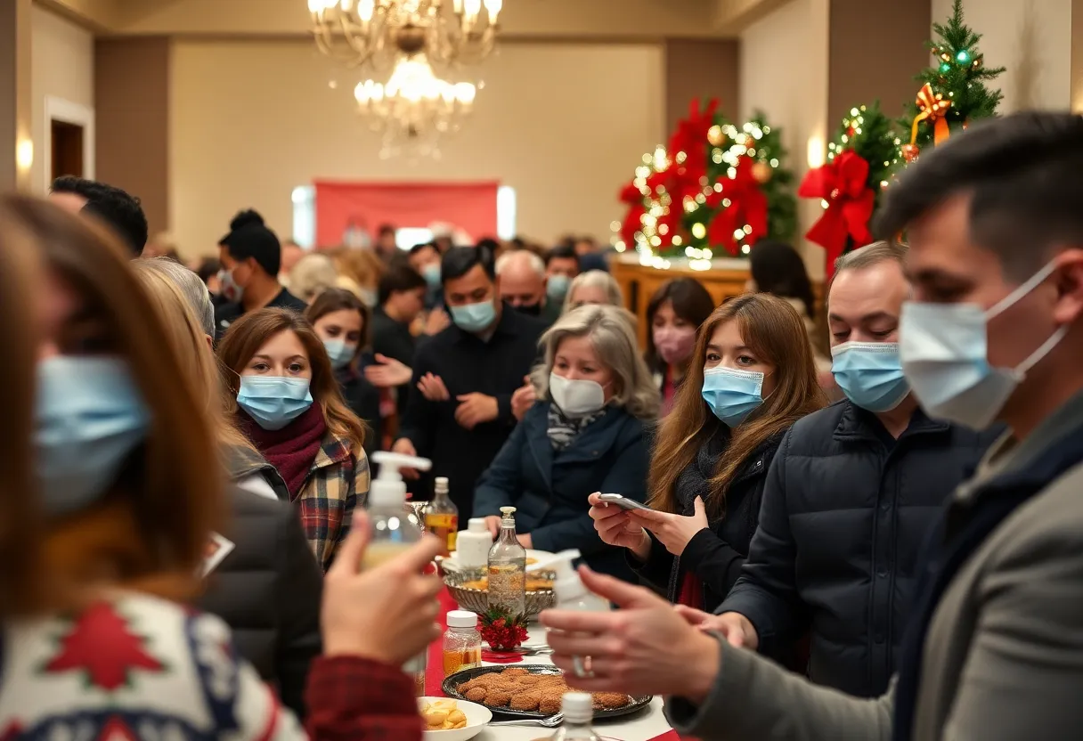 Crowded holiday gathering in Texas amidst flu concerns.