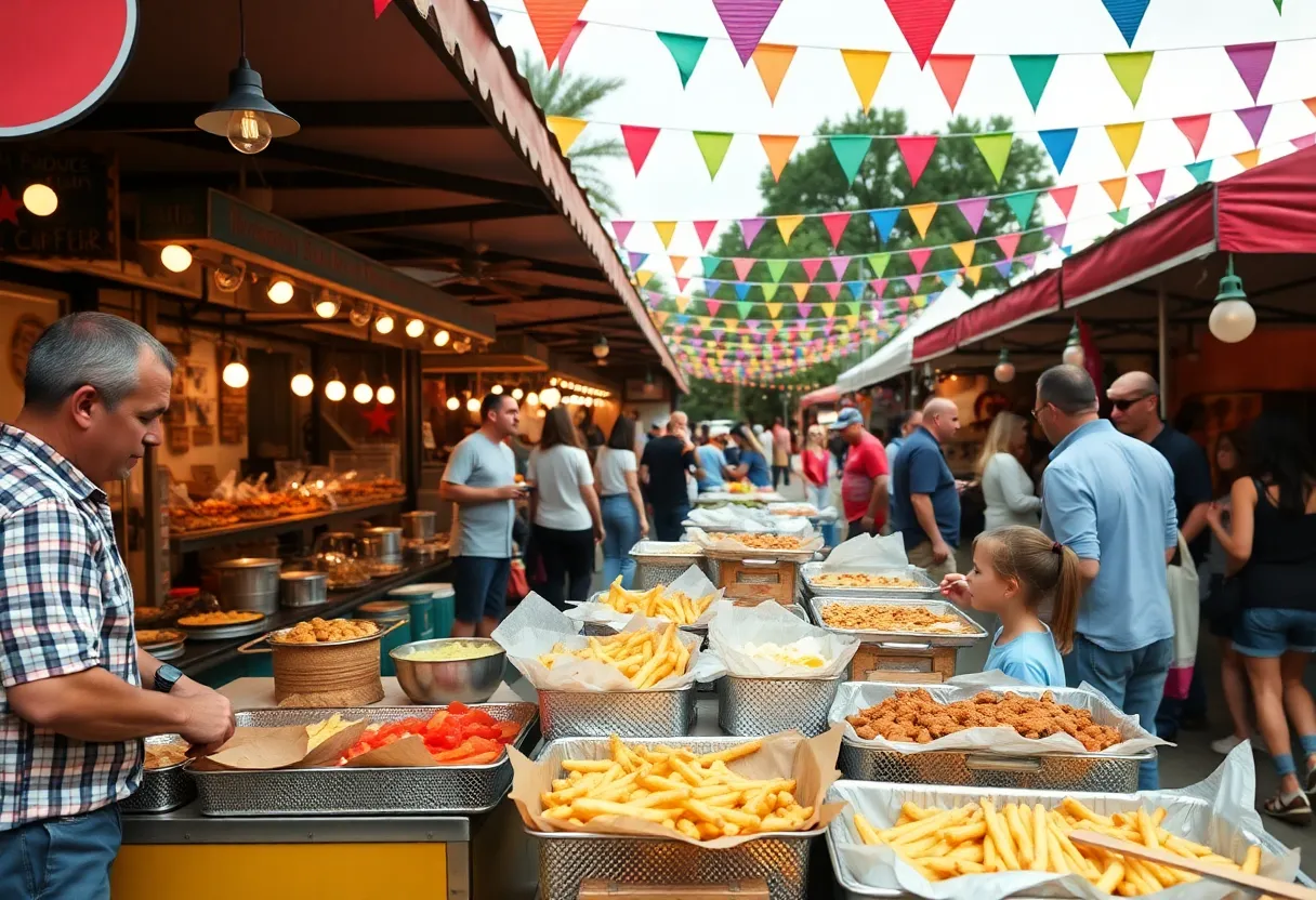 Outdoor festival scene with food stalls and people enjoying culinary experiences