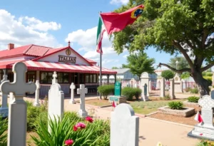A scenic view of 61 Osteria and Oakwood Cemetery in Fort Worth, Texas.