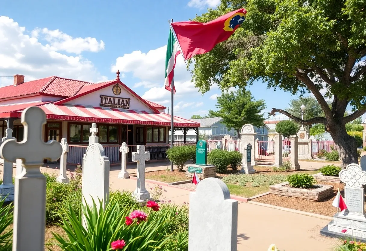 A scenic view of 61 Osteria and Oakwood Cemetery in Fort Worth, Texas.