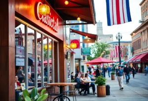 Urban scene of Fort Worth with a local cafe and downtown backdrop