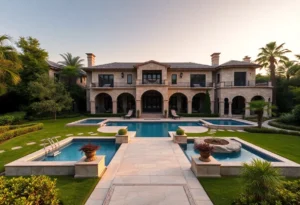 Exterior view of the luxurious Fort Worth mansion with landscaped grounds.