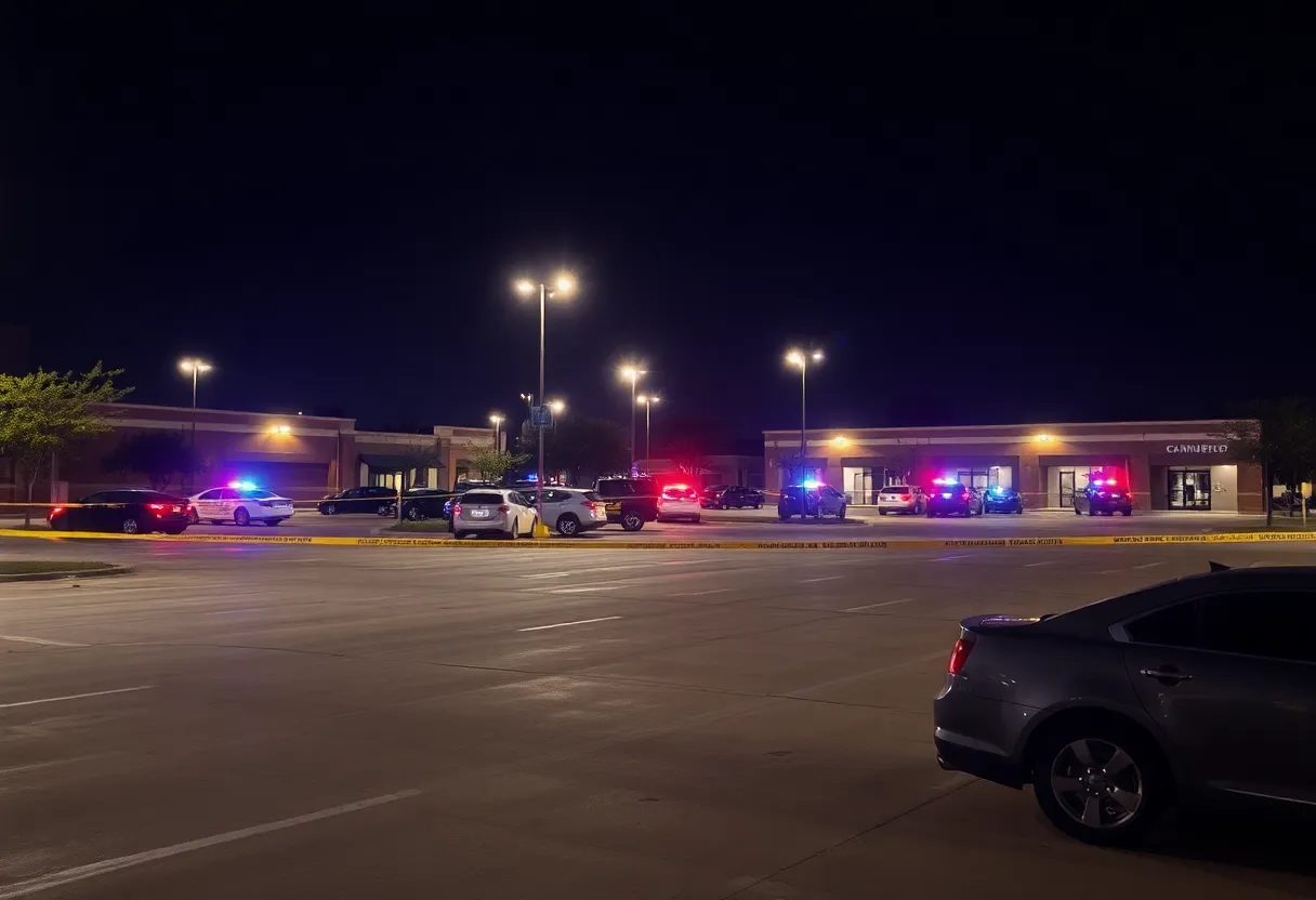 Police lights illuminating a Fort Worth parking lot after a shooting incident.