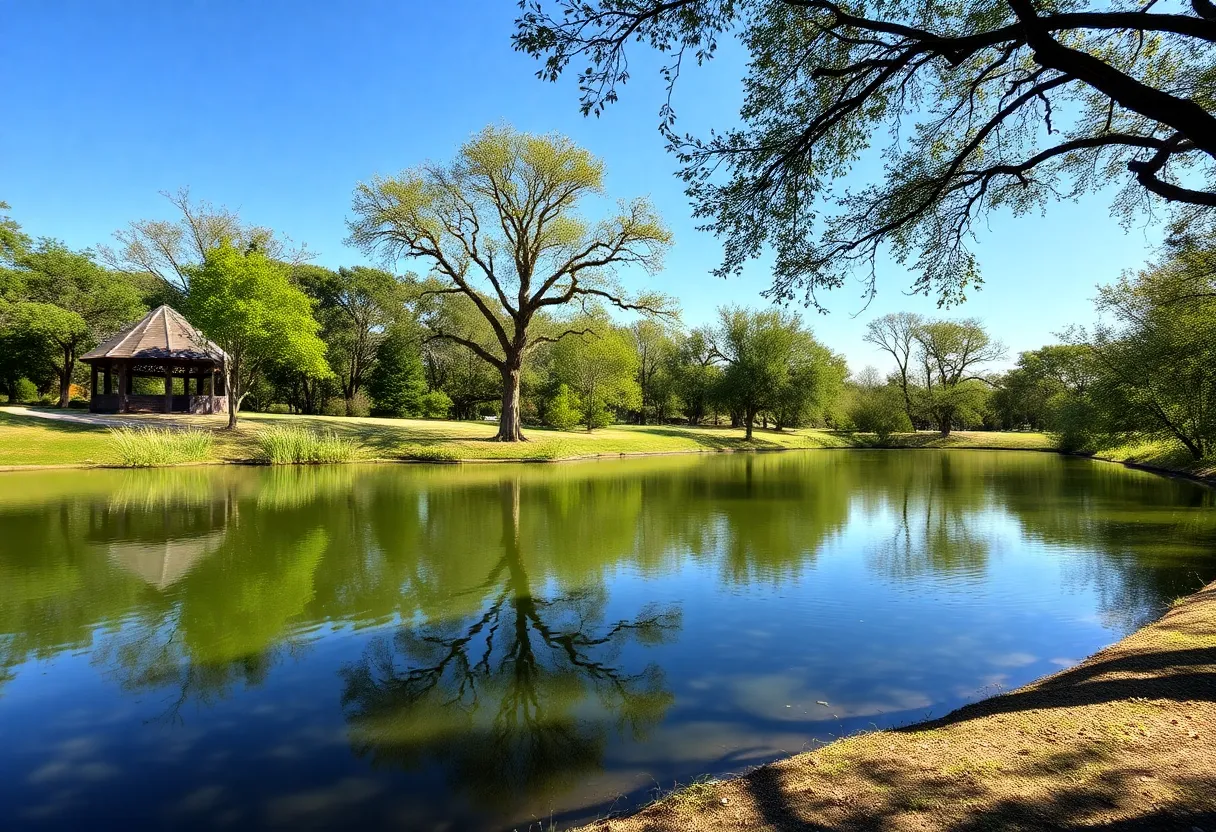 A peaceful pond in Fort Worth, Texas, under a clear blue sky.