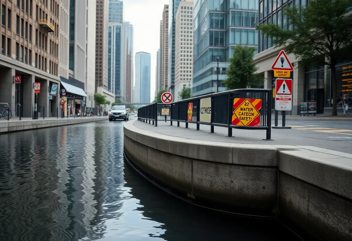 A tranquil waterway with safety signs nearby, depicting water safety awareness.