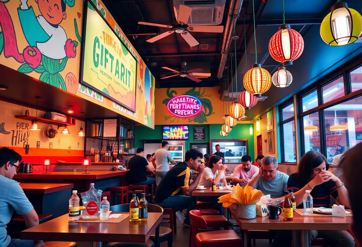 Interior of Fuego Tortilla Grill showcasing fresh tortillas and vibrant decor.