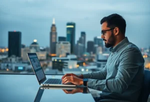 Digital marketing professional optimizing a business profile with Dallas skyline.