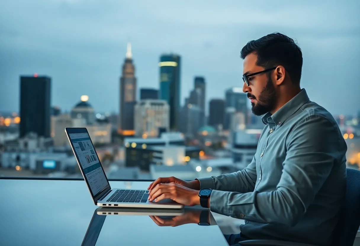 Digital marketing professional optimizing a business profile with Dallas skyline.