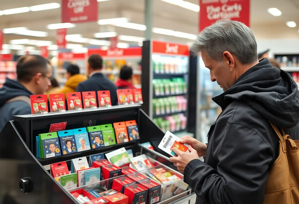 A retail gift card display with tampered packaging to raise consumer awareness