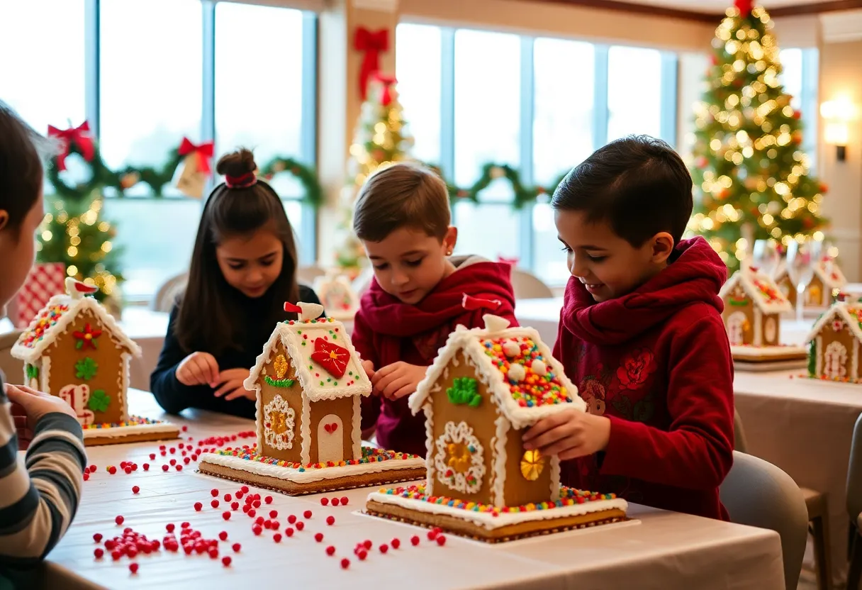 Families decorating gingerbread houses during the Gingerbread Decorating Experience at Ritz-Carlton Dallas.