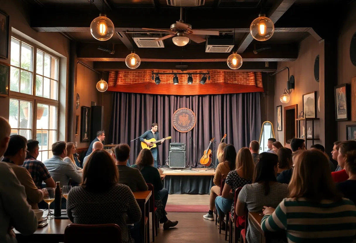 A lively scene of a café with a singer performing and an engaged audience.
