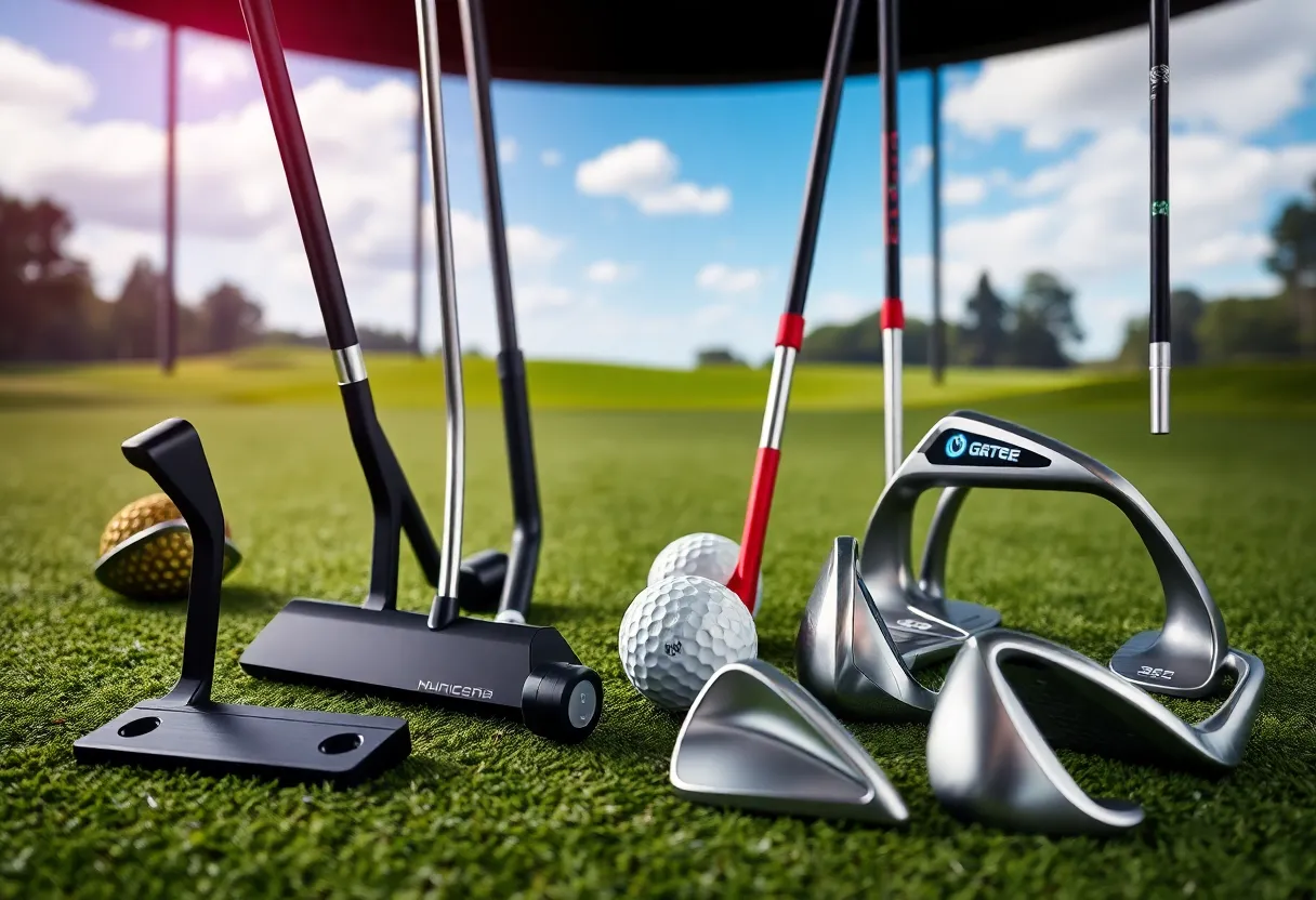 Showcase of modern golf equipment on a golf course