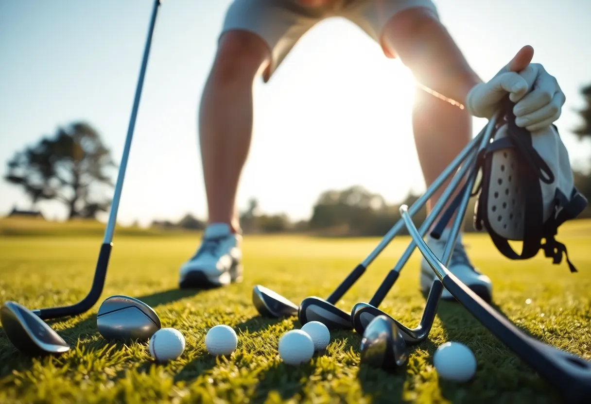 Golfers discussing golf equipment on the course