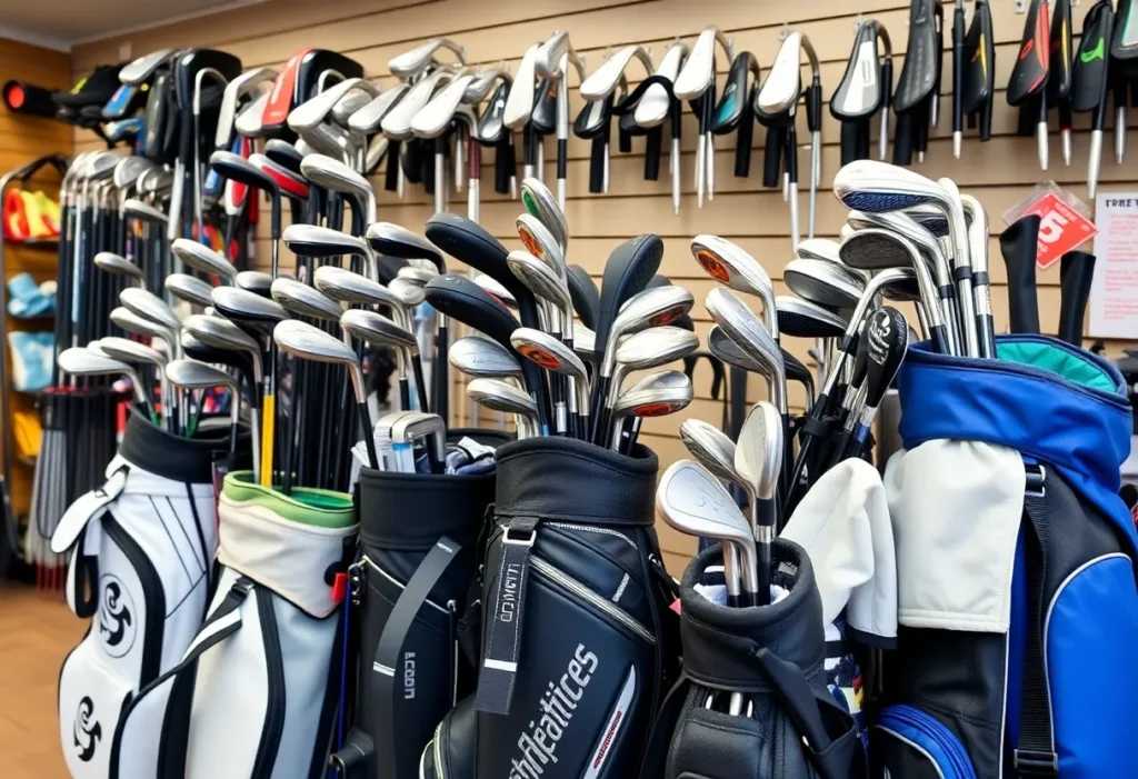 Display of golf equipment in a sporting goods store