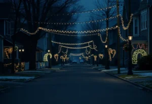 A quiet street in Grand Prairie with holiday decorations, symbolizing community loss.