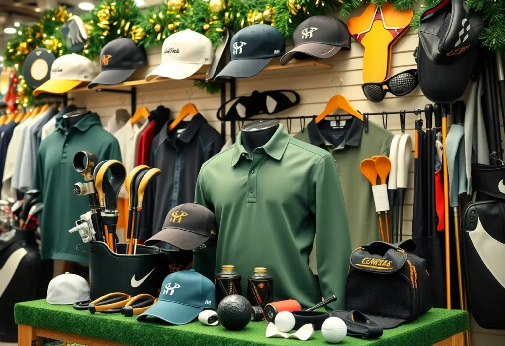 A variety of holiday-themed golf merchandise on display in a pro shop.