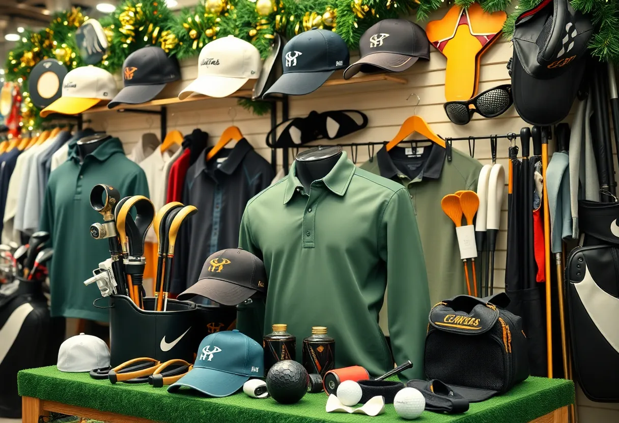 A variety of holiday-themed golf merchandise on display in a pro shop.