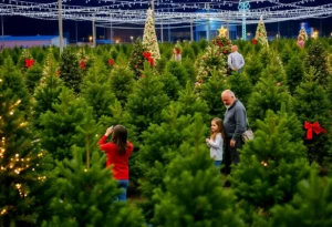 Families selecting live Christmas trees at a festive lot in Grapevine, Texas.