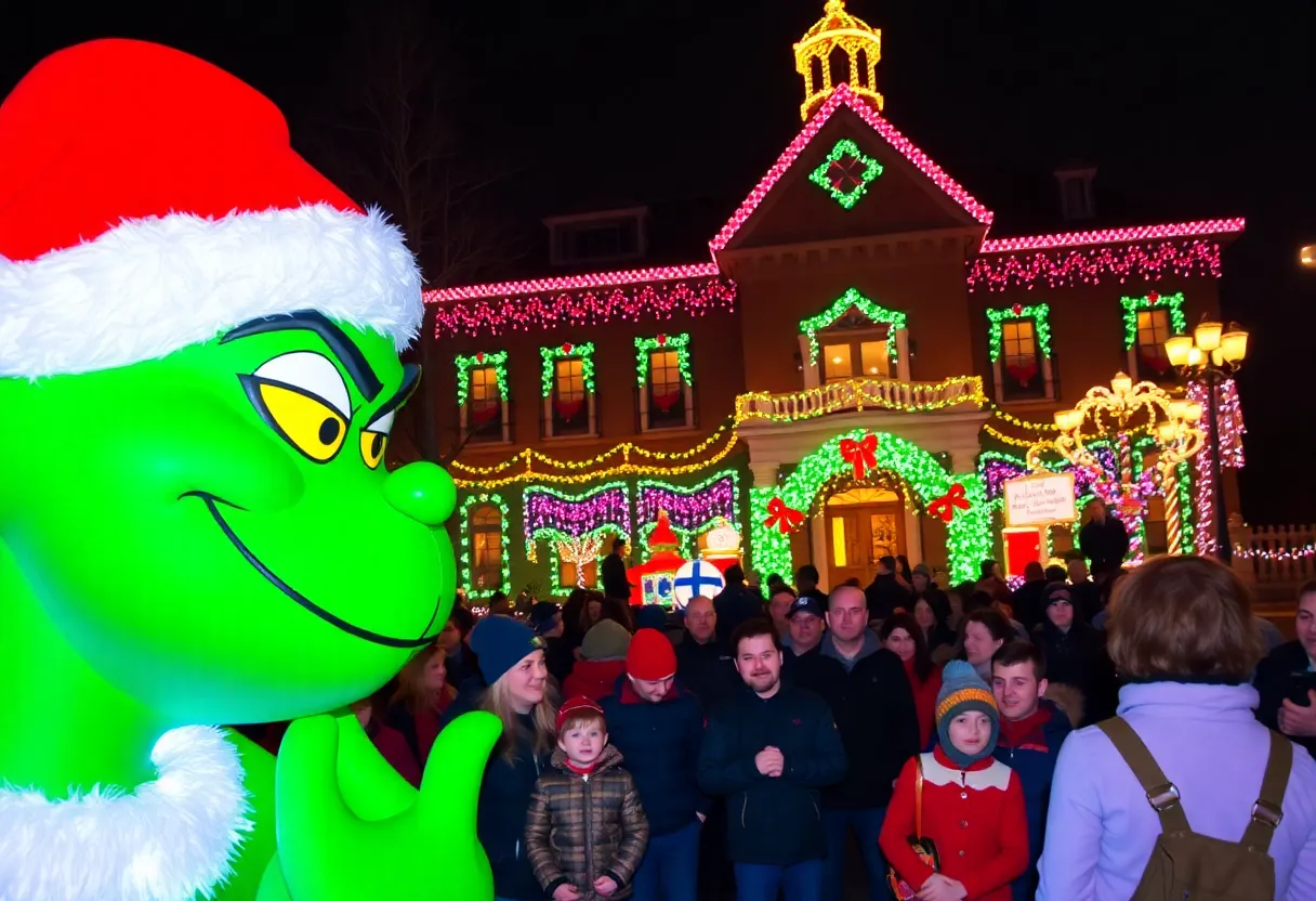 Elaborate Grinch-themed Christmas display at a Dallas mansion