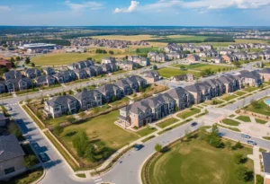 Aerial view of the Haggard Farm development site in Plano, featuring housing units and green spaces.