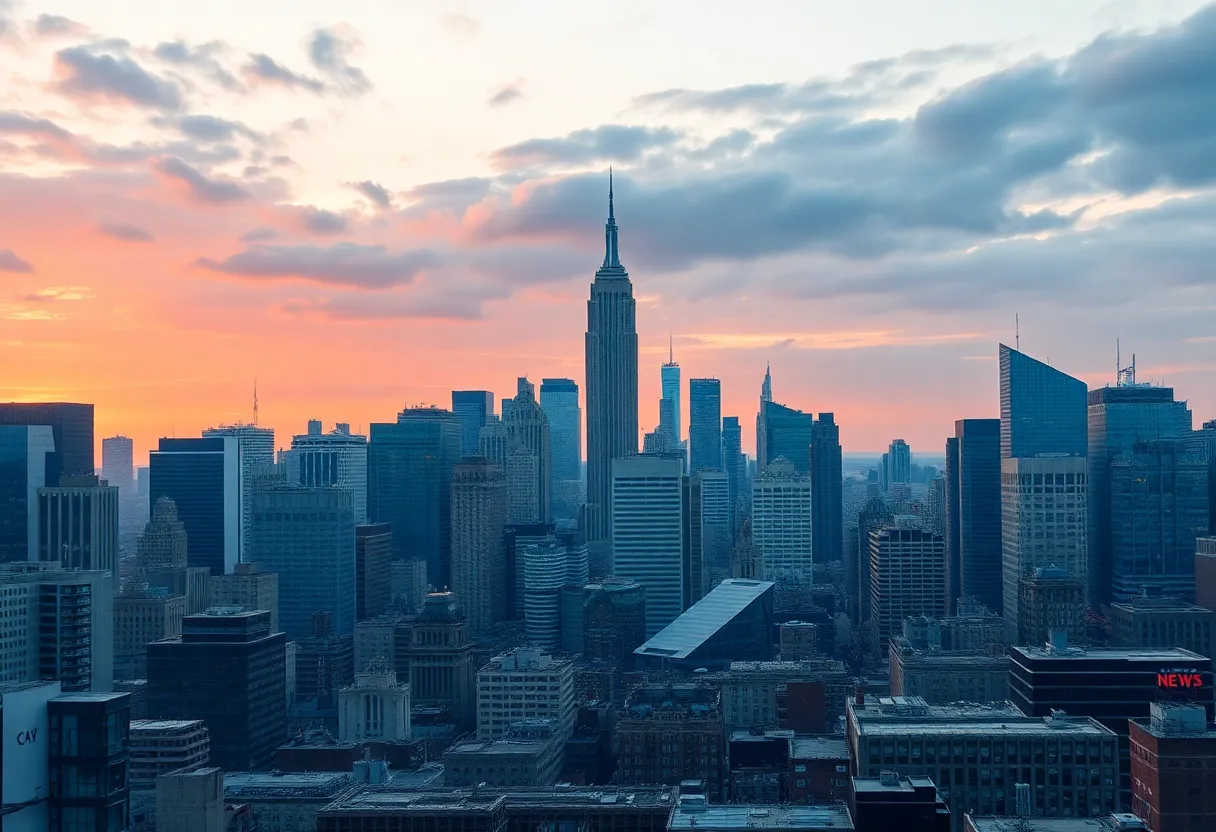 Hanna Battah co-anchoring at ABC News studio with New York City skyline in the background.