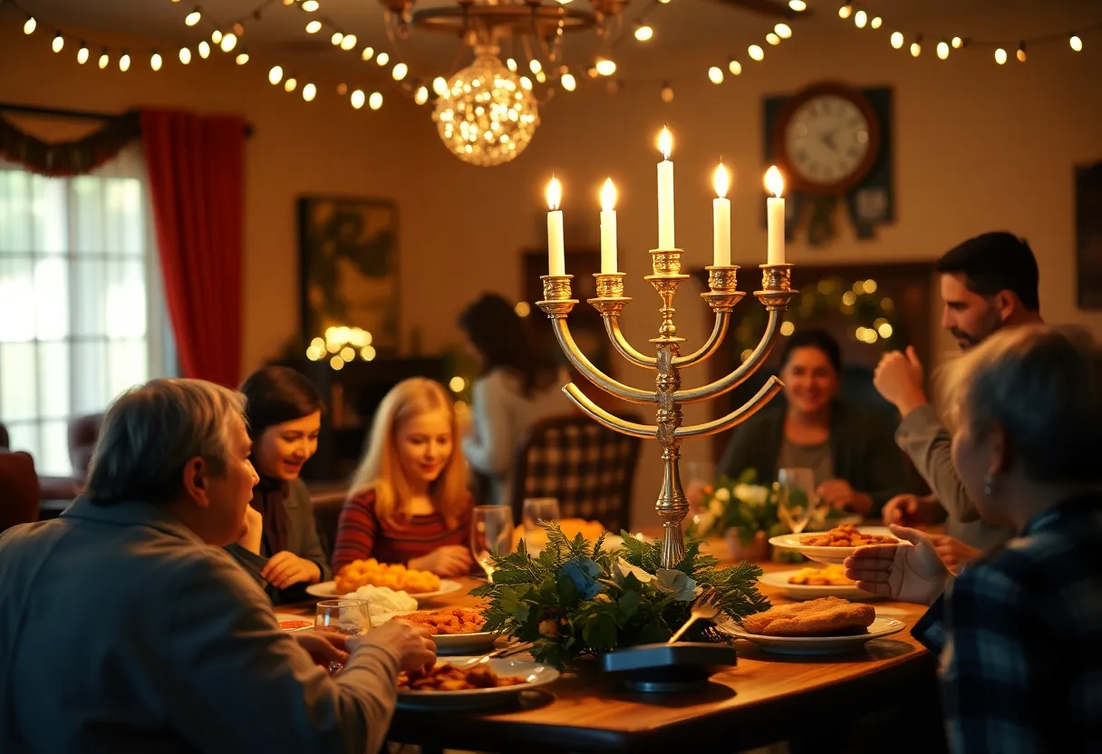 Family gathering around a menorah during Hanukkah in Dallas