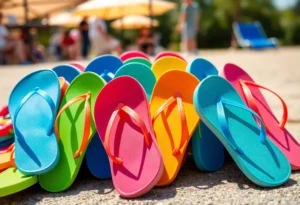 Colorful Hari Mari flip-flops displayed outdoors