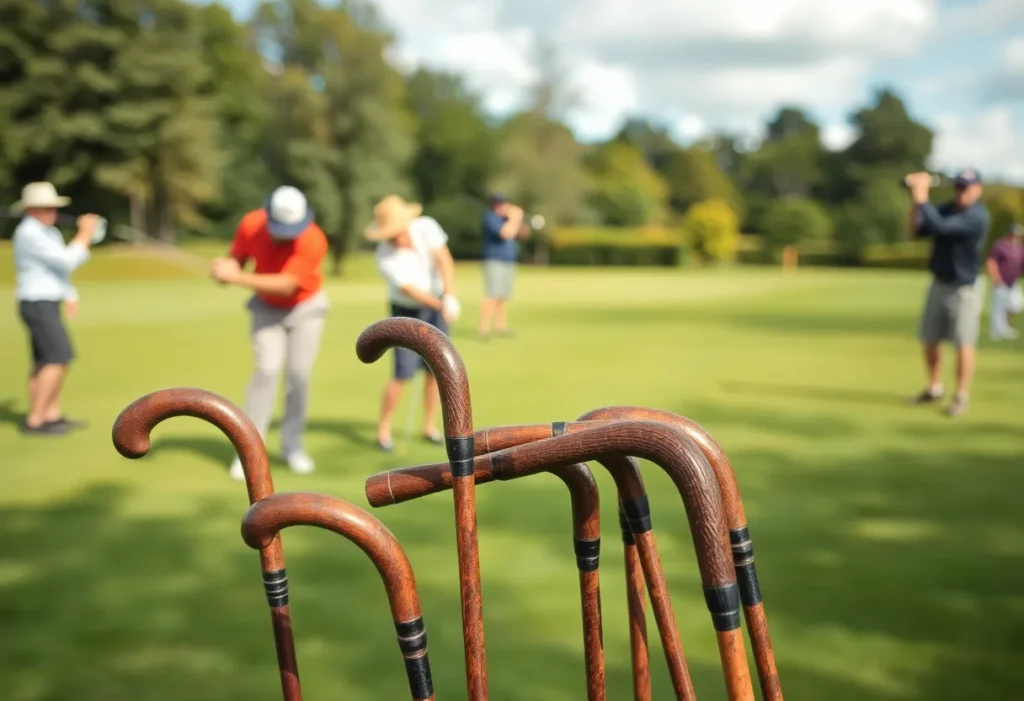 Players enjoying a round of golf with hickory clubs on a beautiful course.