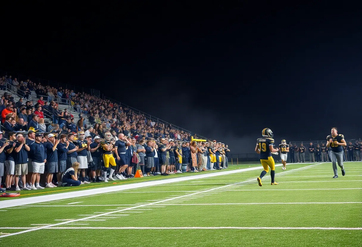 Exciting atmosphere at a high school football game with cheering fans and intense player action.