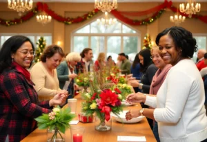 Participants crafting holiday centerpieces at a community workshop in Dallas.