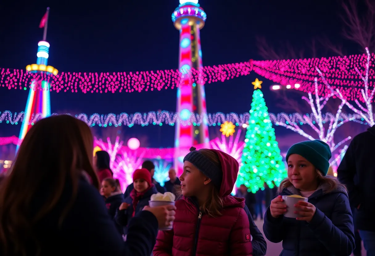 Families enjoying the holiday light show at Reunion Tower in Dallas
