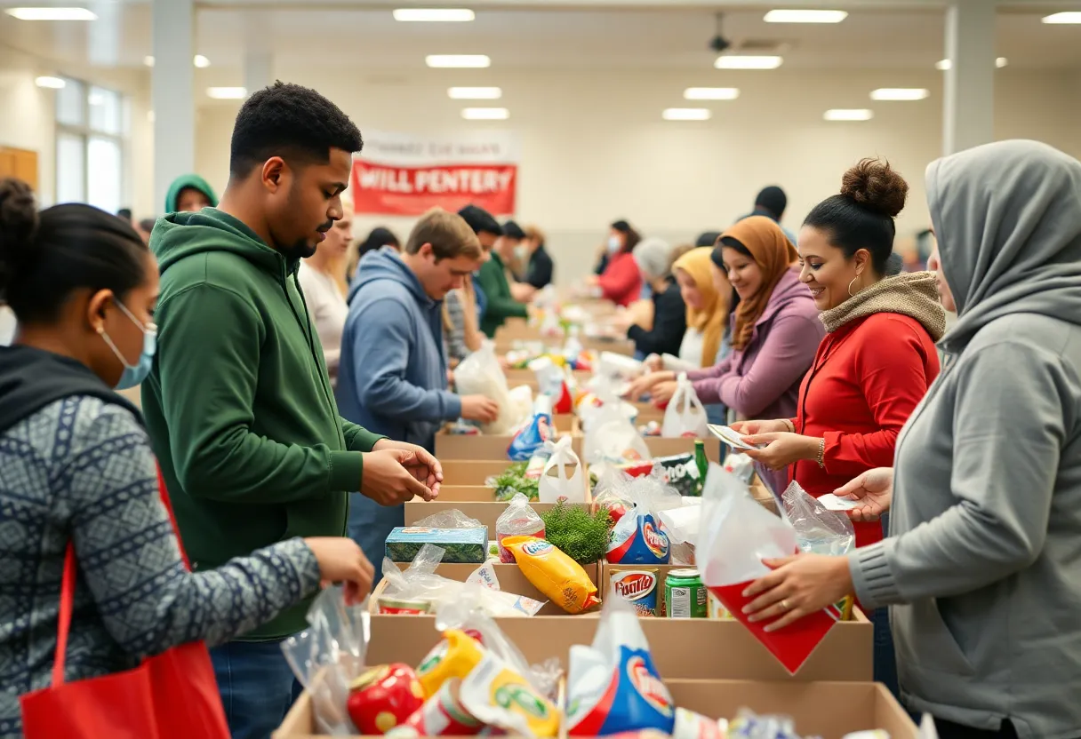 Volunteers distributing food at the Holiday Food Giveaway event in Denton