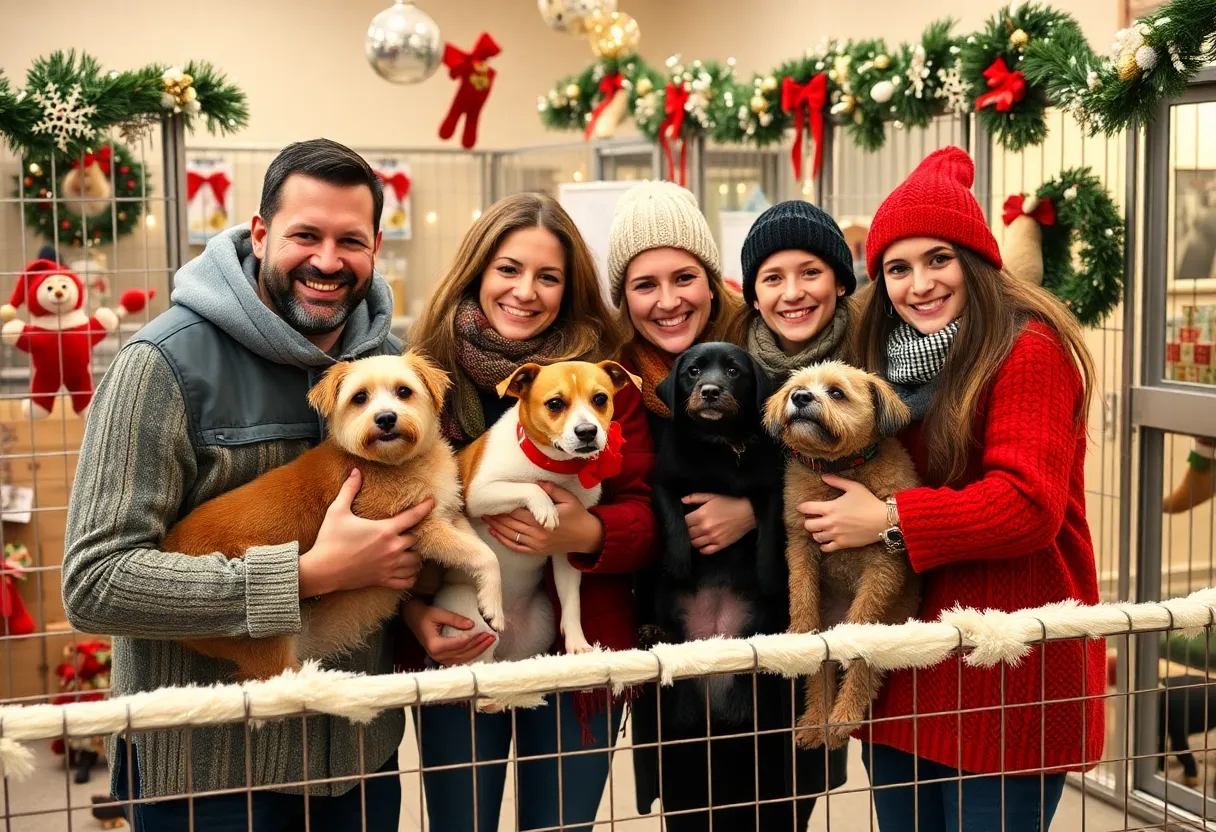 Families adopting pets during the holiday season at a shelter.