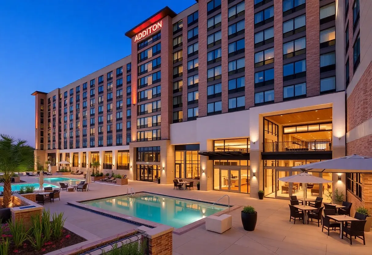 Exterior view of Hotel Dax in Addison, TX with modern design.