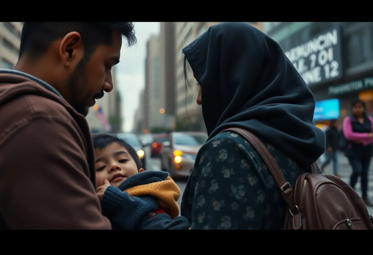 A family navigating immigration challenges in a city setting.