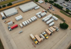 Aerial view of an industrial outdoor storage facility in Dallas, featuring trucks and storage containers.