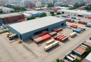 Aerial view of an industrial outdoor storage facility.