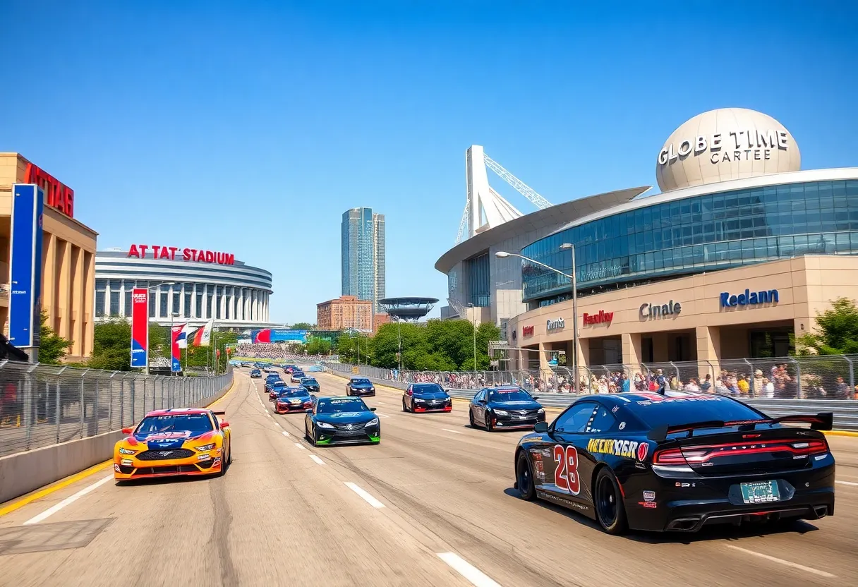IndyCar race cars on a street circuit in Arlington with landmarks in the background
