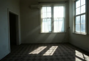 Interior view of a vacant house with sunlight illuminating the dusty rooms