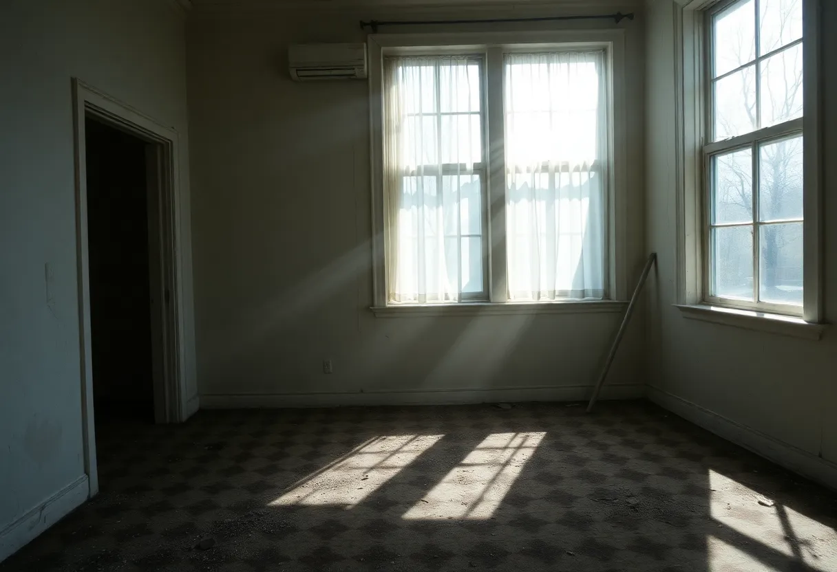 Interior view of a vacant house with sunlight illuminating the dusty rooms