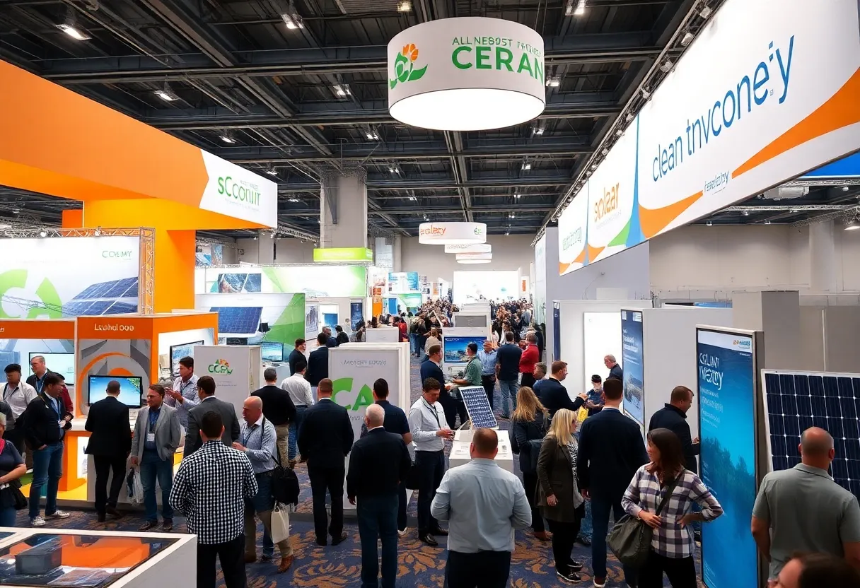 Large clean energy conference with solar technology exhibits