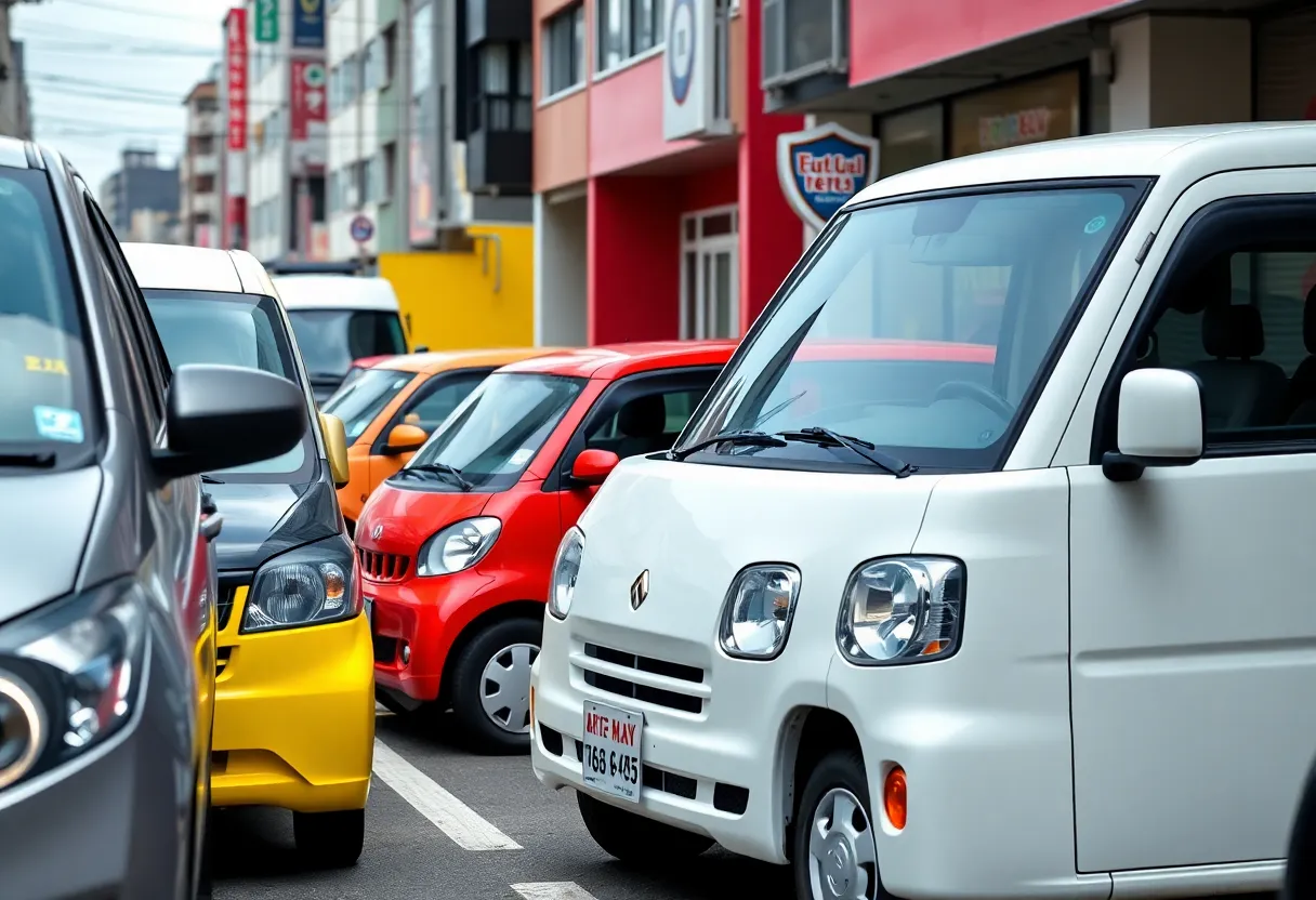 Compact kei cars parked on a city street