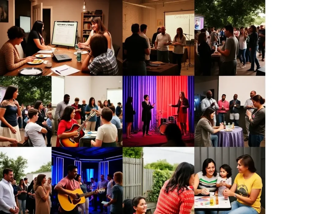 A collage of community events in Keller, Texas featuring workshops and family gatherings