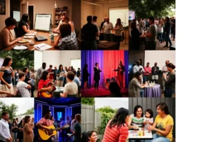A collage of community events in Keller, Texas featuring workshops and family gatherings
